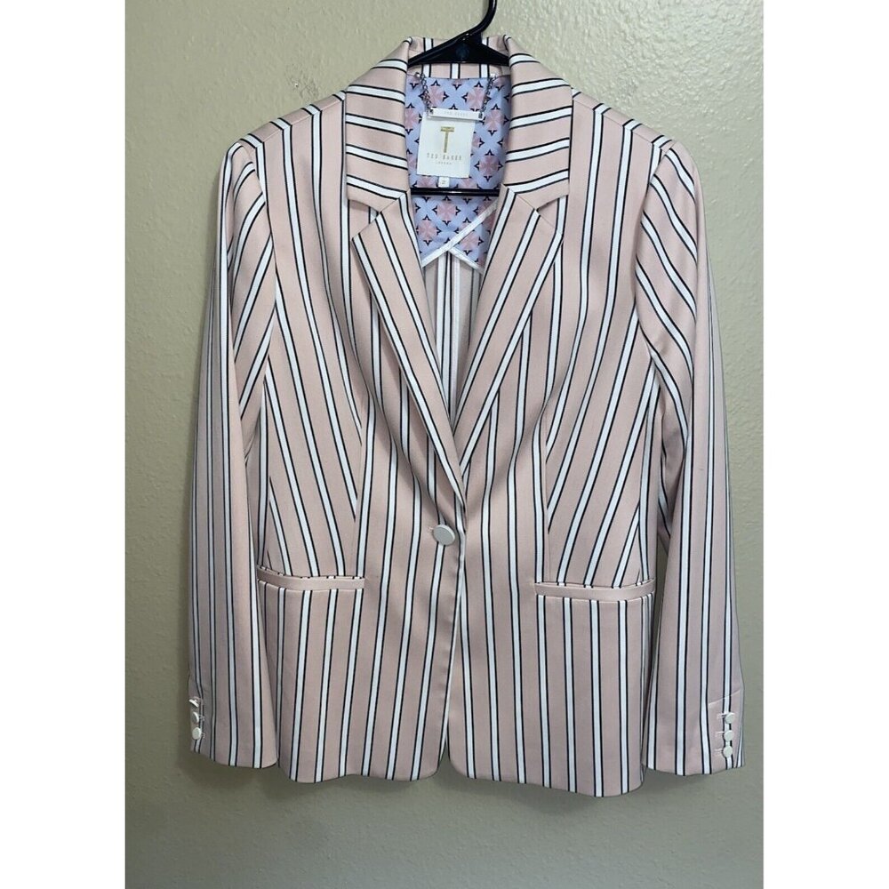 Ted Baker Blazer Jacket Pink Black White Stripe One Button Career SZ 2 or 4-6 US